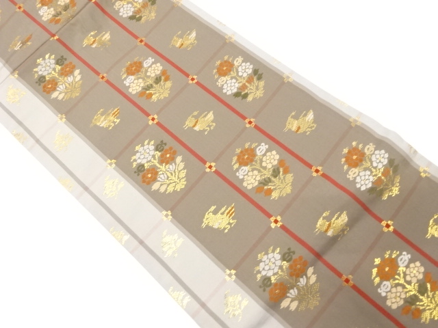 格子に花鳥模様織り出し名古屋帯